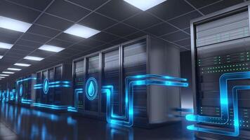 Visual representation of a modern data center utilizing a liquid cooling system for energy efficiency and environmental sustainability. Pipes and water drops illustrate the cooling process. video