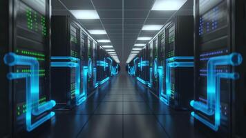 Futuristic data center liquid cooling technology for enhanced efficiency environmental sustainability. Blue glowing pipes circulate coolant within server racks, modern, eco-friendly infrastructure. video