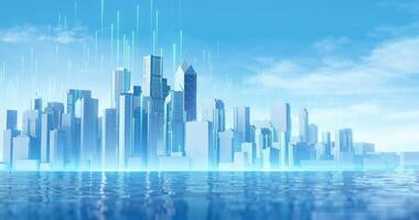 Abstract digital city skyline with futuristic buildings and glowing data streams rising into the sky. Reflected in stylized water, representing modern technology, global business networks, and video
