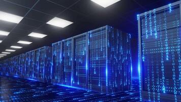 Abstract concept of artificial intelligence, big data, and network in digital server room with binary code data stream flowing over racks and floor. video