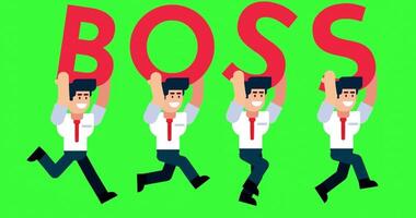 Animated businessmen running with boss text on green screen background in cartoon style video