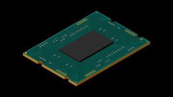 Isometric processor animation. Central processing unit or CPU. Computer hardware components. Semiconductor technology concept. Transparent background with alpha channel, video