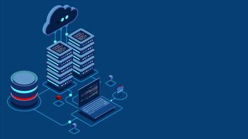 Cloud technology computing animation. Modern cloud technology. Data center isometric concept. Isometric cloud technology with datacenter. Web hosting concept. 4K animated in isometric, video