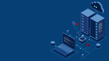 Cyber data security. Internet security isometric concept. Server room connected with laptop through protected hub. Computing internet digital technology. 4K seamless loop animation. video