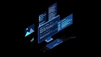 Isometric desktop computer. Coding programming technology. Programming concept. Technology animation. Transparent background with alpha channel. video
