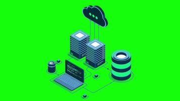 Cloud technology computing animation. Modern cloud technology. Data center isometric concept. Isometric cloud technology with datacenter. Web hosting concept. 4K animated in isometric. video