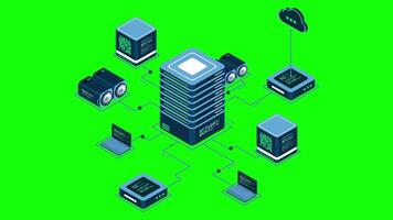 Isometric computer technology animation. Computation of big data center. Cloud computing. Online devices upload and download information. 4K animated video