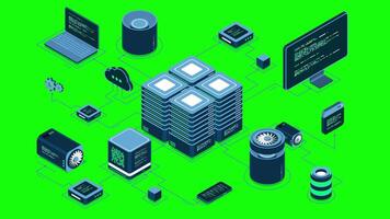 Isometric computer technology animation. Computation of big data center. Cloud computing. Online devices upload and download information. 4K animated in isometric. video