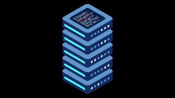 Isometric server animation. Network server room. 3D computer equipment. Storage database. Isometric technology. Transparent background with alpha video