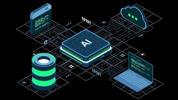 Isometric artificial intelligence chip animation. Artificial Intelligence server. Futuristic microchip processor. Isometric cloud computing. Transparent background with alpha channel. video