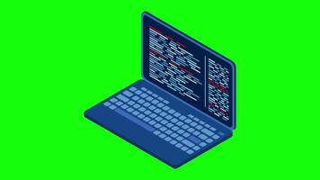 Isometric laptop animation. 3d isometric laptop computer. Abstract programming language and program code on a laptop screen. 4K animated in isometric video
