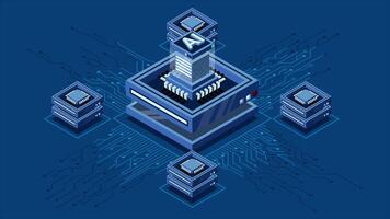 Isometric artificial intelligence chip animation. Artificial Intelligence concept. Futuristic microchip processor. Motion graphic. 4K animated in isometric. video