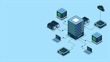 Isometric computer technology animation. Computation of big data center. Cloud computing. Online devices upload and download information. 4K animated in isometric, video