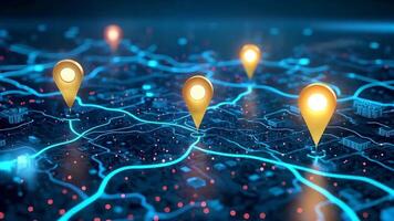 Digital Map with Pinpoint Markers, A futuristic map glows with digital pathways, illuminated by glowing pinpoint markers, offering a sense of global connectivity and data visualization video