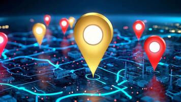 Global Network Map, A 3D rendering of a futuristic city map overlaid with glowing location pins, symbolizing a vast, interconnected global network. video