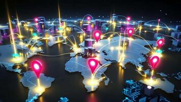 Global Network, A striking visual representation of global connectivity, showcasing interconnected data points and illuminated pathways across a detailed world map. video
