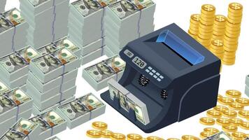 a money counting machine with stacks of dollars and gold coins video