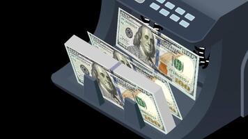 Money counting machine with bundle of hundred dollar notes alpha channel video
