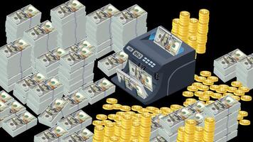 a money counting machine with stacks of hundred Dollar notes alpha channel video
