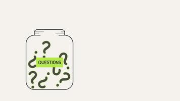 Animated jar filled with glowing question marks. Ideal for concepts like brainstorming, curiosity, mystery, idea generation, problem solving, and interactive questions. video