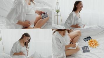 A pregnant woman sits comfortably in her bedroom, cherishing memories with a sonogram photo. She writes notes while enjoying a serene atmosphere filled with leisure. video