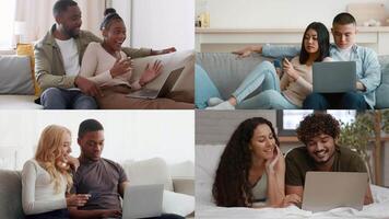 Diverse groups of individuals work together on laptops, engaged in discussions and sharing knowledge. Various cozy indoor environments showcase collaboration and technology use in their daily lives. video
