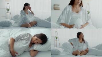 uma grávida mulher goza uma calma momento às lar, vestido dentro confortável traje. ela reflete em dela viagem enquanto relaxante em uma suave cama, cercado de pacífico decoração e suave iluminação. video