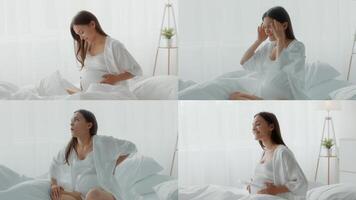 A pregnant woman enjoys a leisurely morning at home, displaying moments of relaxation and reflection. Bright light filters through sheer curtains enhancing her serene space. video