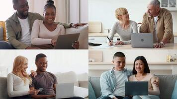 A diverse group of people collaborates with laptops in a warm, inviting indoor environment. They share ideas and enjoy each other's company while using technology to connect. video