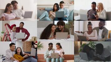 Groups of diverse individuals engage with laptops in comfortable indoor spaces. They share ideas, communicate, and collaborate, showcasing modern technology's role in social interactions and teamwork. video