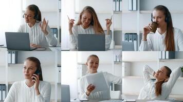 A woman showcases her versatility while working from home, enjoying various tasks like calls, taking notes, and sipping coffee, demonstrating a balanced lifestyle and leisure time. video