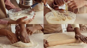 Hands of diverse individuals work together in a home kitchen, preparing batter and kneading dough. Laughter and cooperation fill the air as they share the joy of cooking. video