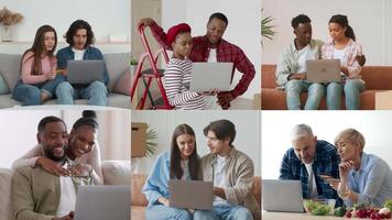 Multiple groups of diverse individuals engage with laptops, collaborating and sharing ideas in a modern, cozy environment. Each pair displays focus and interaction, showcasing teamwork. video