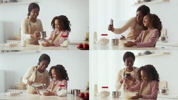 A mother and daughter are joyfully preparing a dish together in their bright kitchen, sharing laughs and capturing memories on a smartphone. Their smiles reflect genuine connection and creativity. video