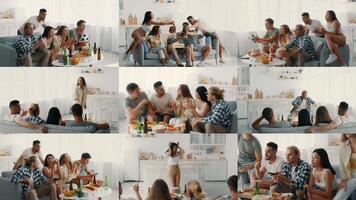 een verschillend groep van vrienden zijn gezien ontspannende in een helder, knus leven kamer gevulde met gelach en gesprek. ze delen snacks en drankjes terwijl genieten van elk die van anderen bedrijf. video