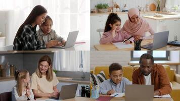 People of various backgrounds engage together using laptops in a bright, contemporary space. They share ideas, assist each other, and communicate effectively while working on software projects. video