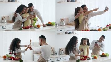 A diverse family enjoys cooking together in their modern kitchen. They share laughter, take selfies, and playfully interact while preparing delicious meals with fresh ingredients. video