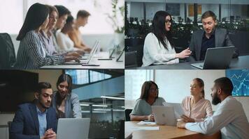A diverse team of professionals engages with laptops and computers, collaborating on software projects in a bright, modern office environment. The atmosphere is dynamic and productive. video