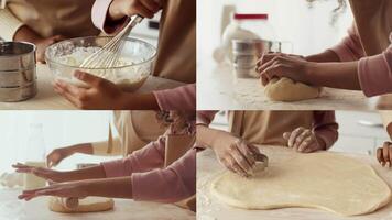 Hands of family members are engaged in various baking activities, mixing ingredients, kneading dough, and preparing a delightful meal in a bright kitchen during the day. video