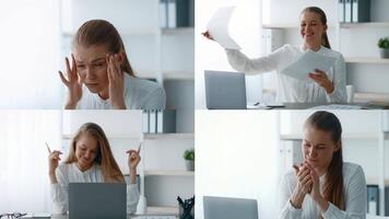 A dynamic collection of clips features a young woman experiencing various emotions while working at her home office. She transitions from stress to joy while engaging with her tasks. video