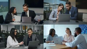 People from different backgrounds collaborate at a contemporary office, discussing software solutions while using a laptop. They share ideas and strategies for effective teamwork. video