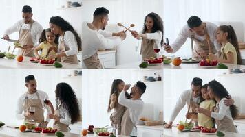 In a bright kitchen, a family enjoys quality time cooking together. They prepare fresh ingredients, share laughter, and create memories while sipping drinks and enjoying each other's company. video