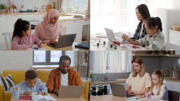In a brightly lit room, diverse individuals work together on laptops. Adults and children collaborate on projects, showcasing creativity and communication amidst a lively atmosphere. video