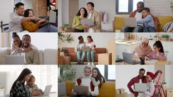 grupos do diverso indivíduos noivando com laptops dentro acolhedor casa configurações. elas compartilhar momentos do conexão e colaboração, exibindo a poder do tecnologia dentro todo dia vida. video