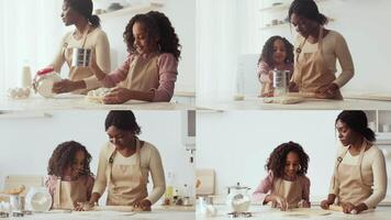 Mother and daughter engaged in baking activities in bright kitchen. One holds a measuring cup while the other rolls out dough. They share smiles and laughter, creating a warm and inviting atmosphere. video