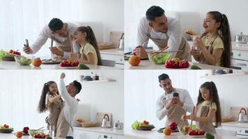 A father and his daughter enjoy cooking together in a bright kitchen. They share laughter as they prepare fresh vegetables, creating lasting memories during their time at home. video