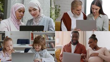 Four groups of diverse individuals gather around laptops, engaged in collaborative activities focused on technology and software. video