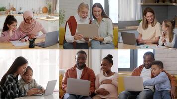 Groups of diverse individuals share joyful moments while using laptops in various settings. They connect over technology, showcasing collaboration and family bonds in a lively atmosphere. video