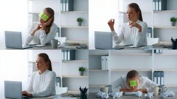 A woman demonstrates various stages of frustration while working from home, showcasing her engagement with tasks, stress, and methods to cope through a series of diverse actions. video