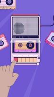 Black hand inserting cassette into vintage tape player lofi vertical animation. Tapeplayer nostalgia. Retro recorder. Audio rewind. Lo fi 2D cartoon animated 4k . Chill aesthetic live wallpaper video